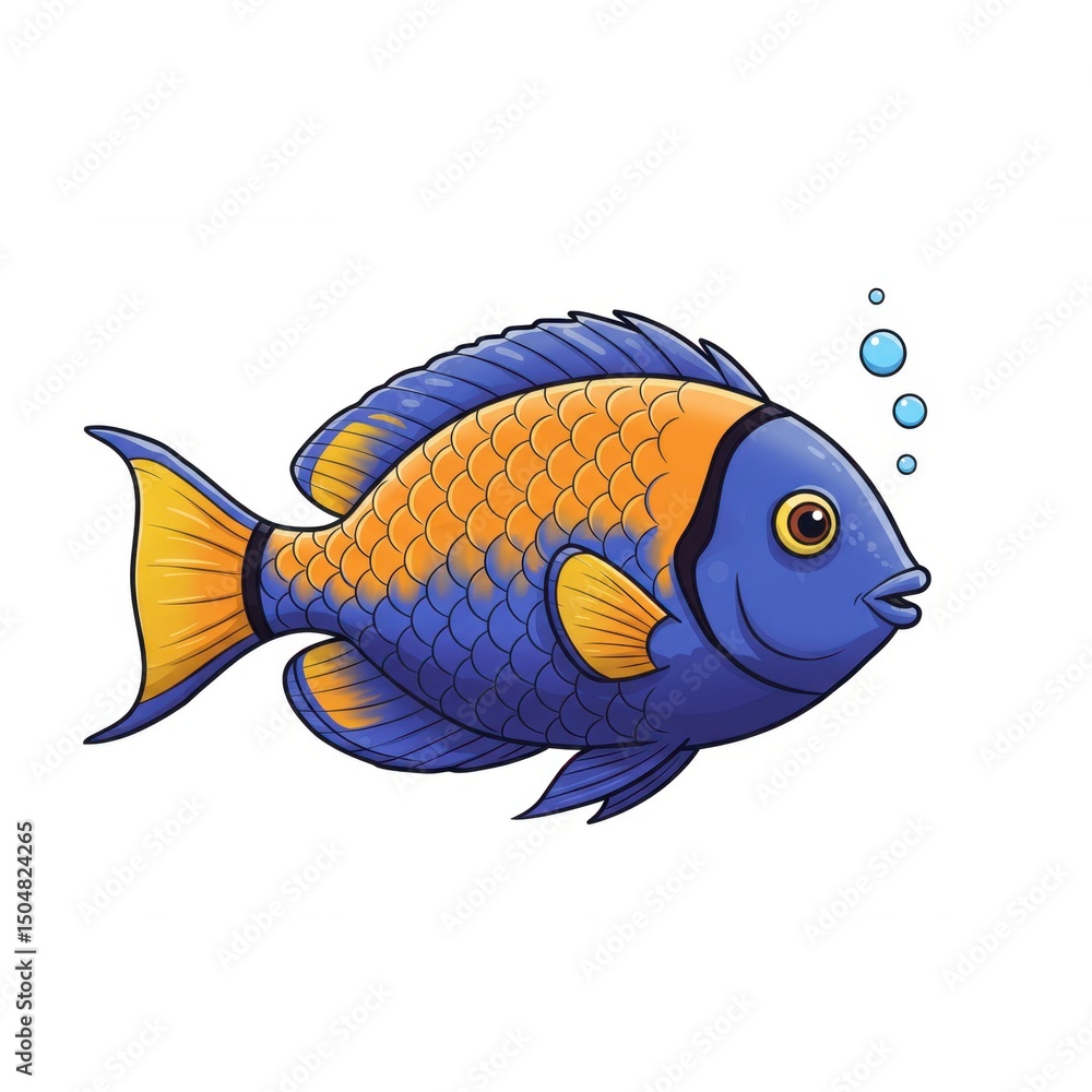 Naklejka premium Vibrant Blue and Orange Fish Illustration: A Detailed Cartoon Depiction of an Aquatic Creature with Bubbles