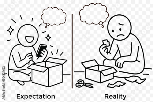  Expectation vs Reality Comic – Minimalist Line Art of Online Shopping vs Disappointment Unboxing