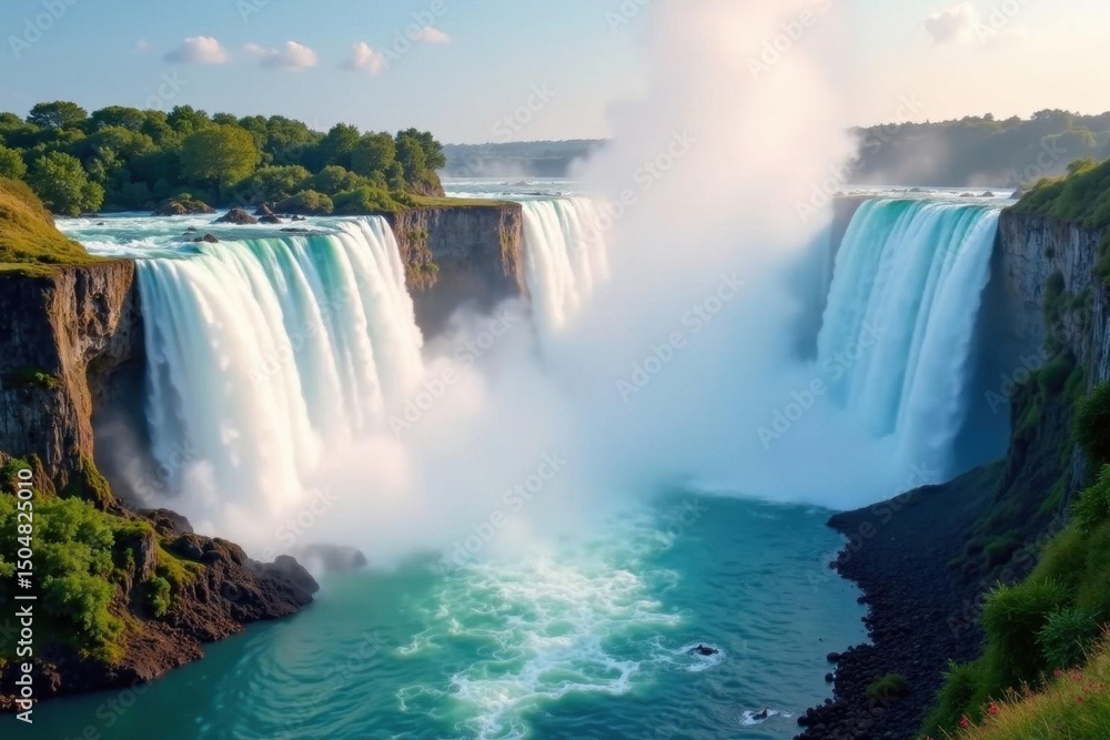 Waterfall's misty spray frames vibrant rainbow, bird's eye perspective, image, photo, waterfall Waterfall's misty spray frames vibrant rainbow, bird's eye perspective, image, photo, waterfall