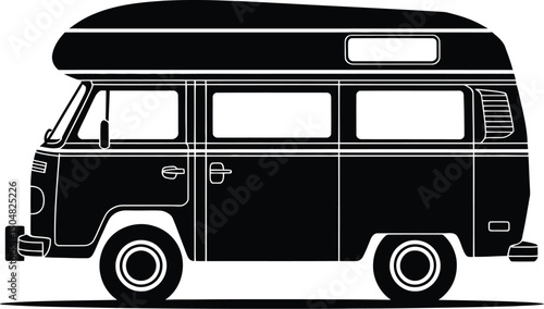 Classic vintage camper van black silhouette illustration