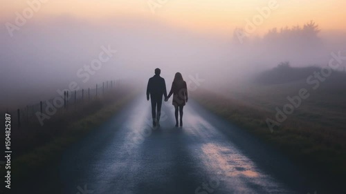 Foggy road walk for two