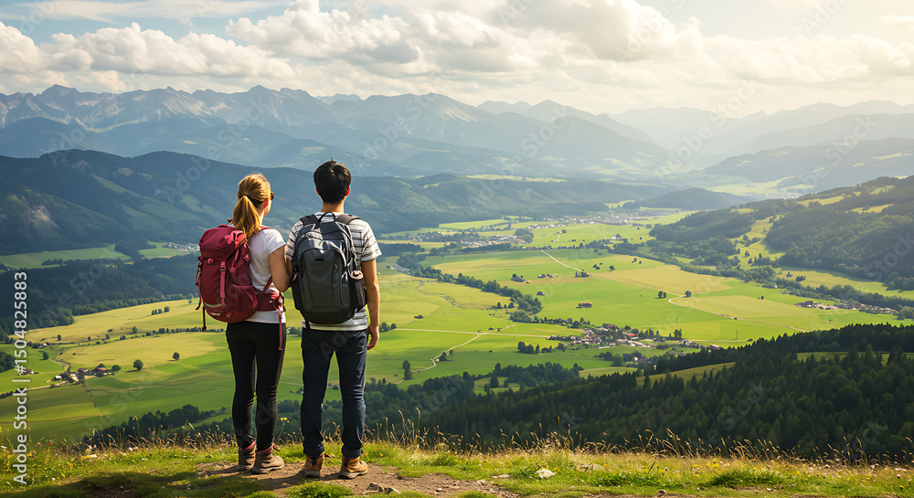 Fototapeta premium Couple Admiring Mountain Vista Backpacks and Scenic Landscape View
