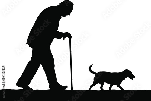 Elderly man walking with cane and dog silhouette