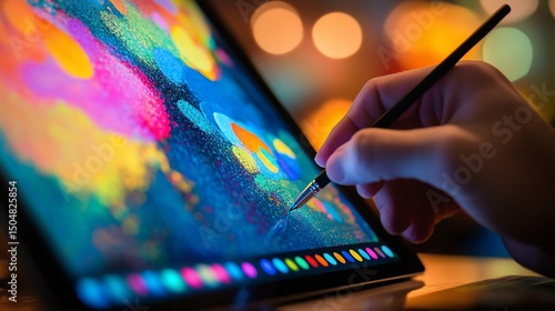 Digital Artist's Hand Creating Colorful Abstract Painting on Tablet
