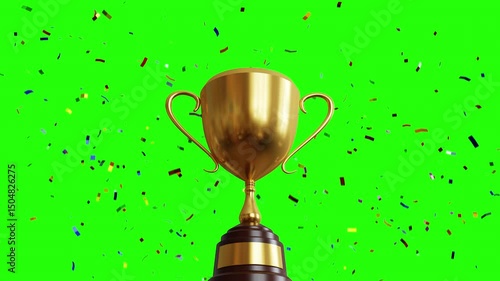 Golden trophy with falling golden confetti on green background. 3d 4k animation