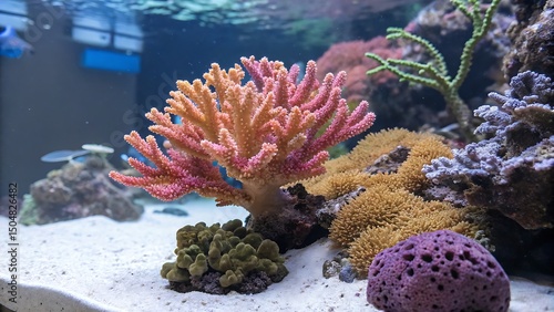 Fototapeta Naklejka Na Ścianę i Meble -  A vibrant coral reef aquarium showcasing colorful coral formations