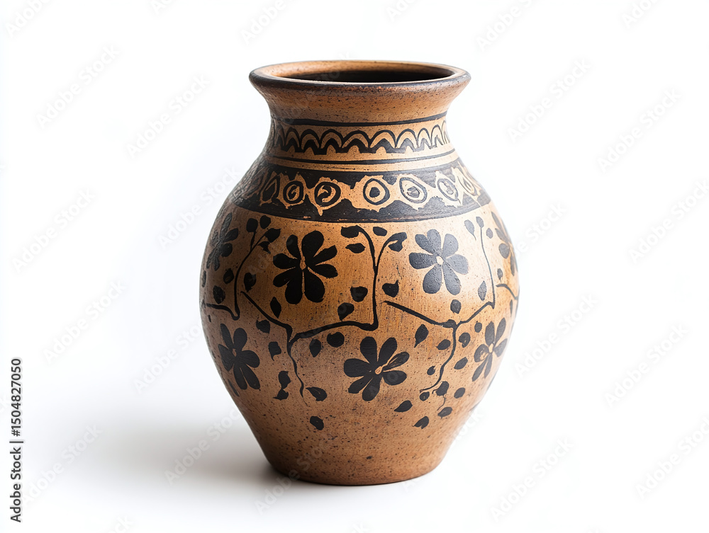 A handcrafted pottery vase, isolated on a white surface, with floral patterns and no shadow. A handcrafted pottery vase, isolated on a white surface, with floral patterns and no shadow.