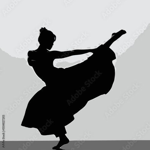 Silhouette of a dancer in a flowing dress, mid-movement with raised leg.