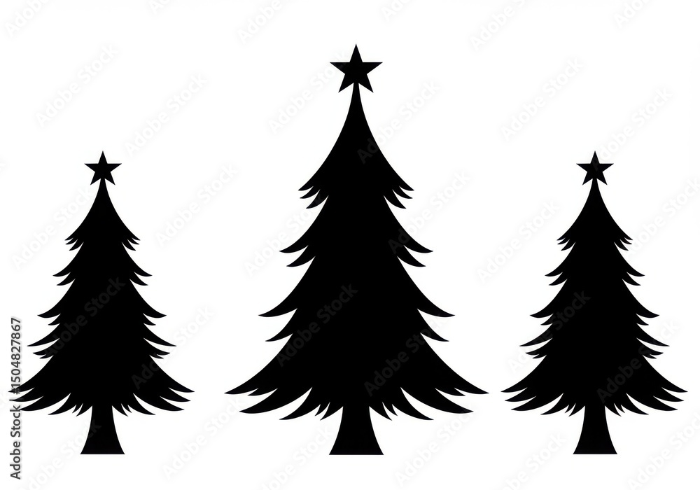 Obraz premium Three christmas trees with stars in a row against a plain white background