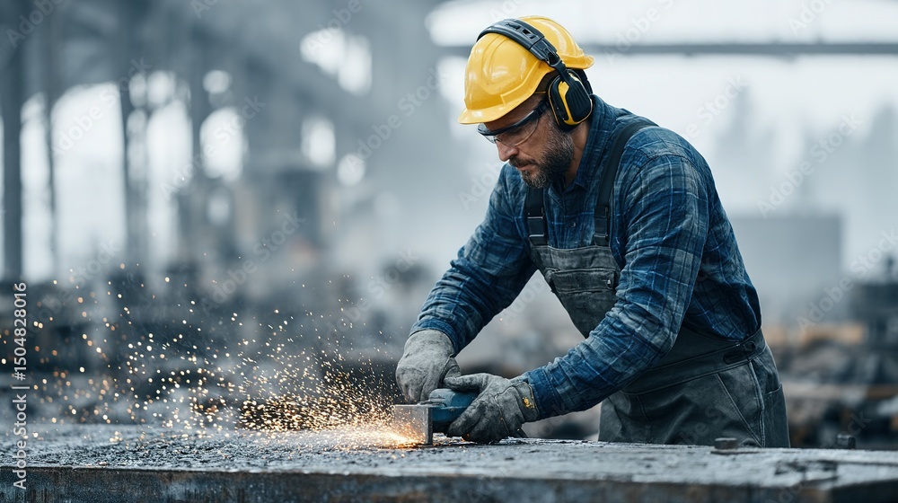 Industrial worker grinds metal in a factory setting. Industrial worker grinds metal in a factory setting.