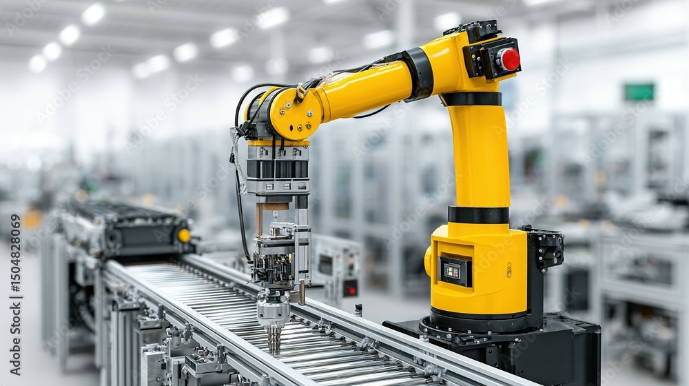 Automated assembly line with robotic arm. Automated assembly line with robotic arm.
