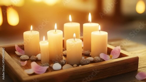 Wallpaper Mural Soft glowing candle flames with light on wooden tray, smooth stones, and pink flower petals create warm, peaceful ambiance perfect for relaxation and meditation Torontodigital.ca