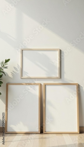 Set of three different sized wooden frames against neutral wall, modern setting, frames, different sizes, modern