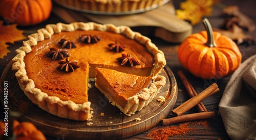 Delicious pumpkin pie topped with toasted meringue, served on a wooden plate. Surrounded by small pumpkins, leaves, and candlelight, creating a warm and cozy autumn atmosphere.