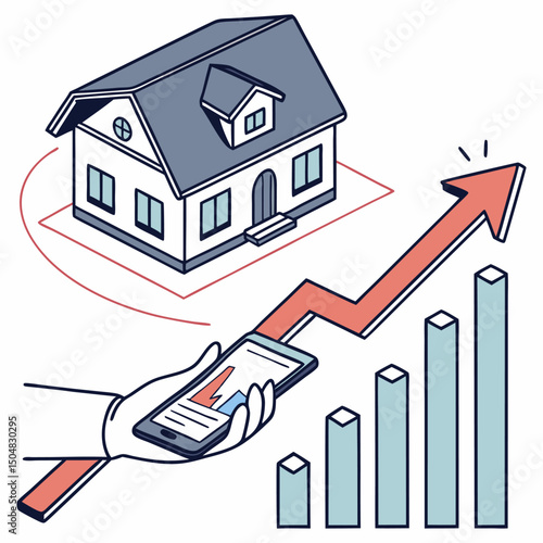 An isometric vector illustration depicting a hand holding a miniature 3D-style house model positioned above a rising arrow graph icon. Symbolizes property investment, real estate growth.