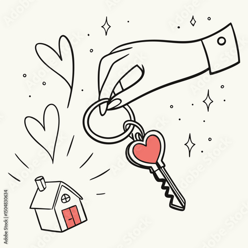 A whimsical, hand-drawn doodle style vector illustration of a sketchy hand offering a house key. The key features a charming heart-shaped keychain, symbolizing love for a new home or a heartfelt.