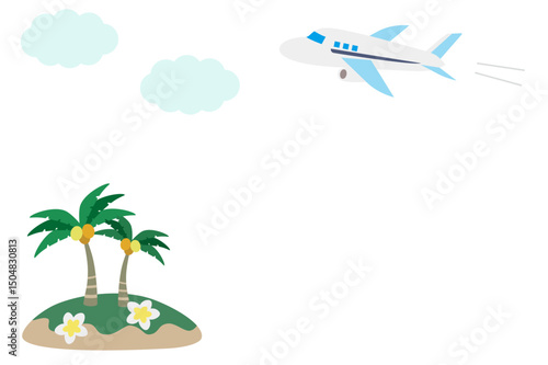 飛行機と南の島の背景イラスト素材