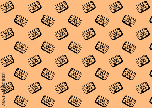 A mixtape retro illustration pattern with soft brown background, brand packaging, product illustration hand drawn print ads, electronics business