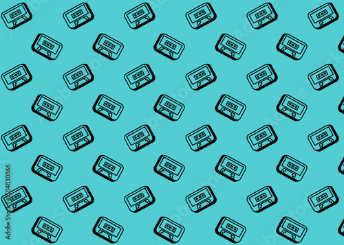 A mixtape retro illustration pattern with blue background, brand packaging, product illustration hand drawn print ads, electronics business