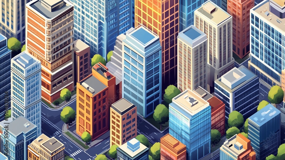 Obraz premium Isometric Cityscape, A Vibrant Urban Landscape with Modern Architecture