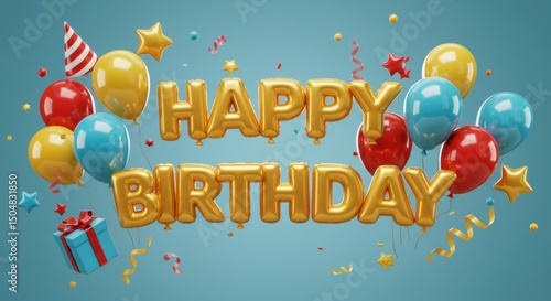 A Festive Happy Birthday Celebration with Golden Balloons, Colorful Balloons, Gift and Confetti