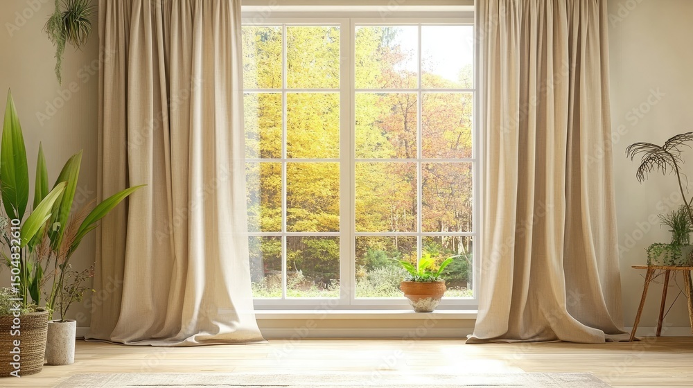 Beige room with large window, autumnal view Beige room with large window, autumnal view