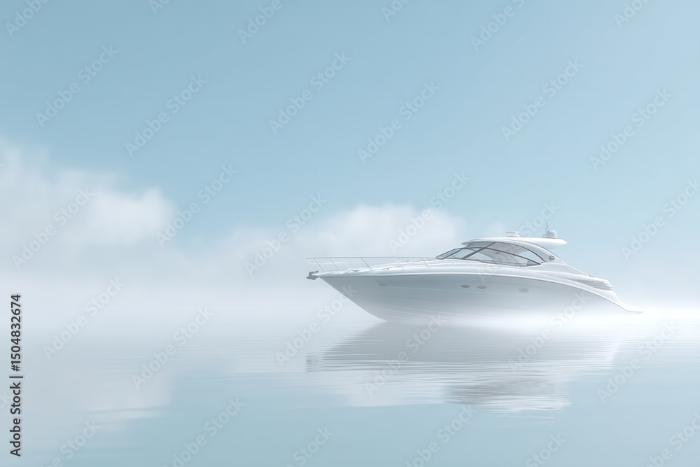 Naklejka premium aesthetic scene featuring sleek motorboat gliding across serene water surface surrounded by soft reflections and