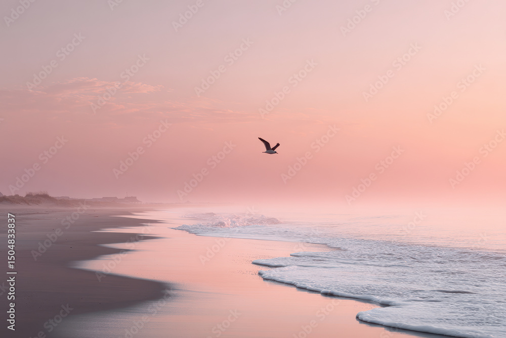 Naklejka premium serene sunset on tranquil beach with soft waves lapping at shore