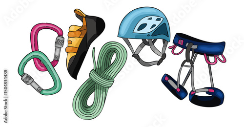 5 VECTOR ILLUSTRATION OF CLIMBING EQUIPMENT, CARABINERS, SHOES, ROPE, HELMET, HARNESS
