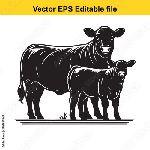 Angus Bull, Cow, and Calf Vector Silhouettes | Livestock Line Art | Farm Animal Clipart Collection