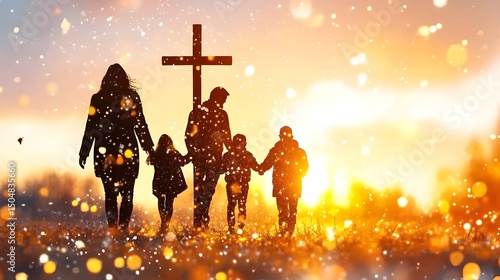 Family silhouette by cross, sunrise