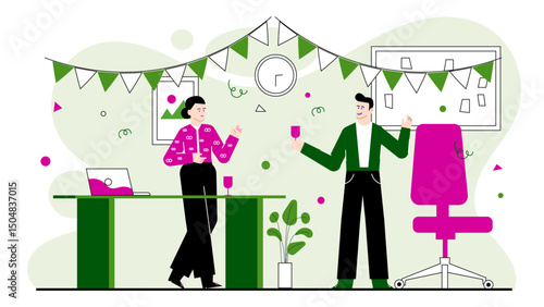 Man and woman celebrating success in an office setting. Suitable for business, teamwork, success, celebration, and corporate concepts.