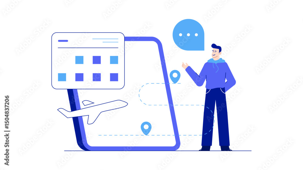 Man uses mobile phone to book flight, perfect for travel websites, airlines, vacation booking platforms, and mobile booking apps promotion. Man uses mobile phone to book flight, perfect for travel websites, airlines, vacation booking platforms, and mobile booking apps promotion.