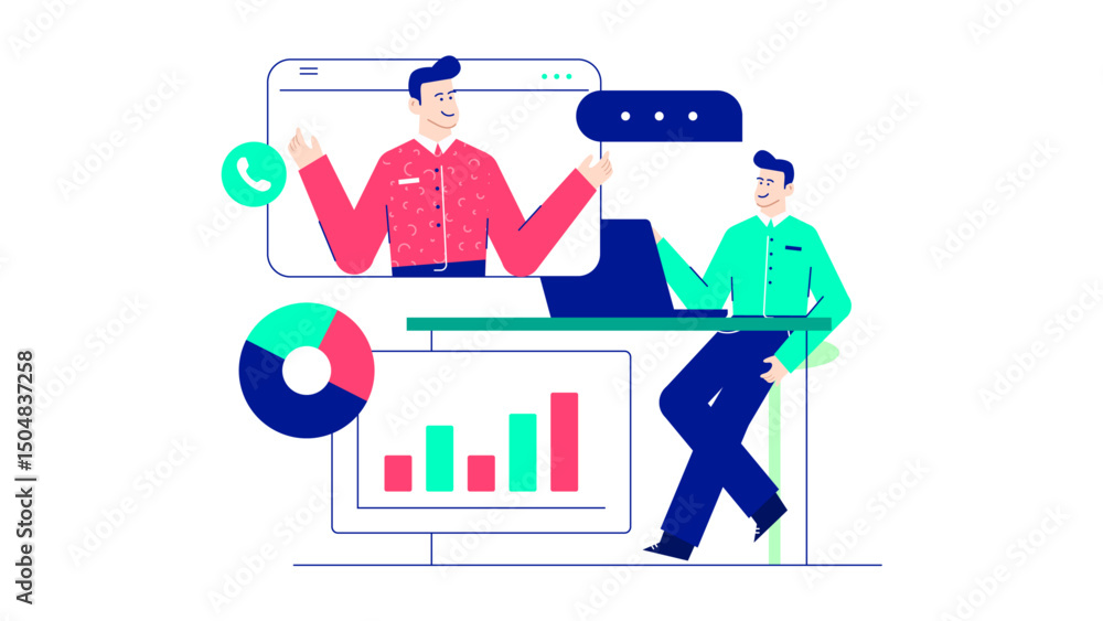 Video conference call featuring two men discussing a chart, ideal for business meetings, remote team collaborations, virtual presentations. Video conference call featuring two men discussing a chart, ideal for business meetings, remote team collaborations, virtual presentations.