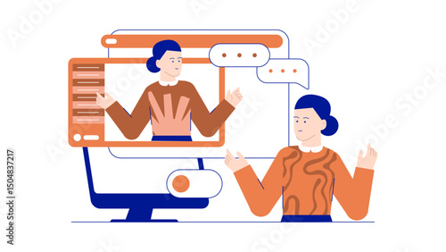 Two people video chatting on computer. Suitable for technology, communication, remote work, online meeting concepts in presentations, websites, social media.
