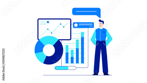 Suitable for financial presentations, business reports, and data analysis concepts. Shows man analyzing charts and graphs in an office setting.