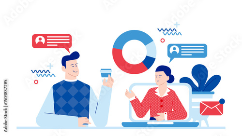 Man and woman video call on laptop screen. Business communication, remote work, telecommuting, online meeting, virtual conference, technology concept.