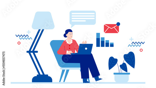 Woman in chair working on laptop, suitable for remote work, online business, freelance, technology, digital nomad lifestyle concept.