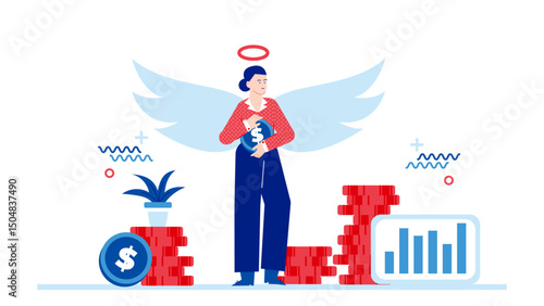 Woman with angel wings holding a dollar sign, ideal for finance, investment, success concepts, and angel investor related designs. Entrepreneur pitching to angel investor