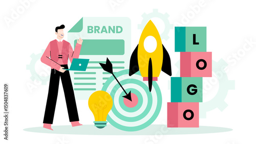 Illuminated man holding laptop, pointing at brand document, light bulb, target, rocket, logo spelled out with blocks. Marketing presentations, innovative business strategy concepts.