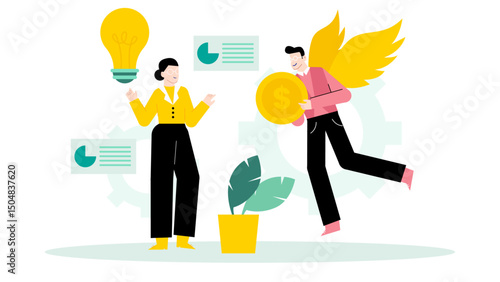 Two flying people holding symbols of creativity, prosperity, and sustainability. Entrepreneur pitching to angel investor