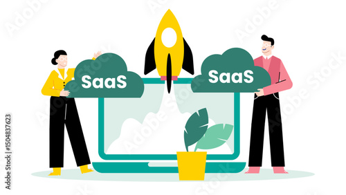 Two people holding clouds with saas written on them, suitable for technology companies, software services presentations, cloud computing concepts.