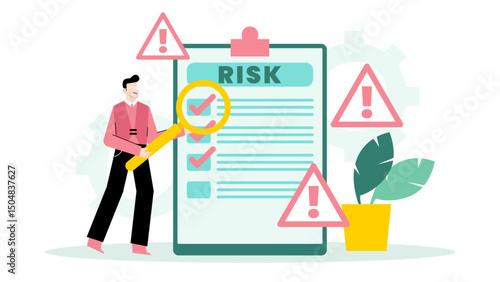 Man looking at risk checklist with magnifying glass. Risk assessment and contingency planning in business