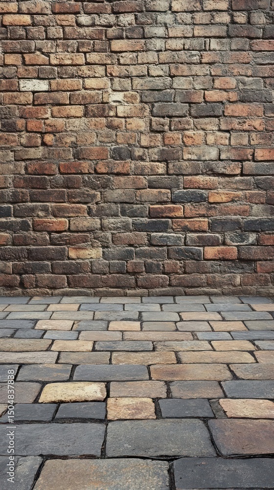 Naklejka premium Brick wall and pathway texture, rustic and aged appearance.