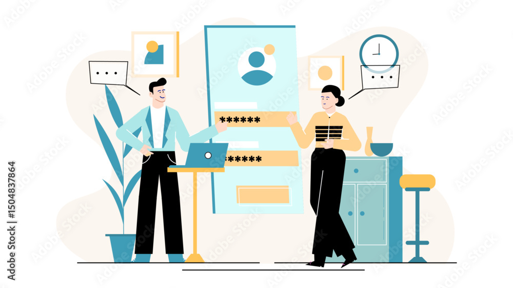 Two people discuss a password on a laptop. Perfect for cybersecurity articles, technology blogs, online security tips, and data protection. Two people discuss a password on a laptop. Perfect for cybersecurity articles, technology blogs, online security tips, and data protection.