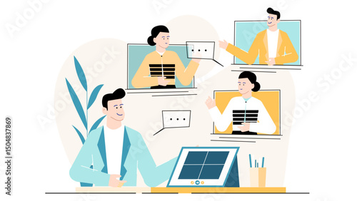 Man participating in virtual meeting with two people, suitable for promoting remote working, online collaboration, and video conferencing solutions.