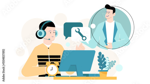 Person with headphones communicating with customer regarding technical issues. Suitable for customer service, tech support, call center concepts.