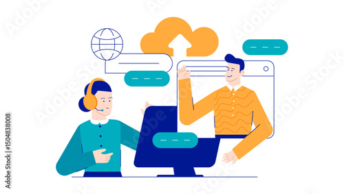 Woman in a headset talks to a man on a computer screen. Virtual meeting, remote work, online coaching, customer service concepts.