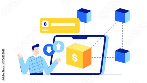 Man purchasing dollar with bitcoin via phone; suitable for finance, technology, cryptocurrency concepts in digital and online marketing materials.
