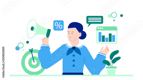 Woman holding a megaphone near a target and plant ideal for marketing, communication, announcement concept visuals, and business strategies.